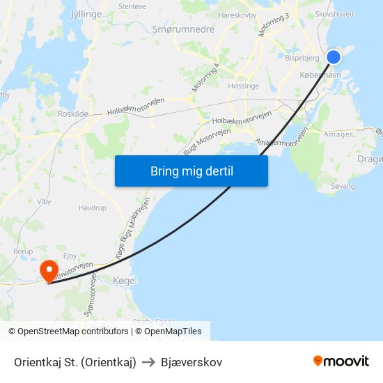 Orientkaj St. (Orientkaj) to Bjæverskov map