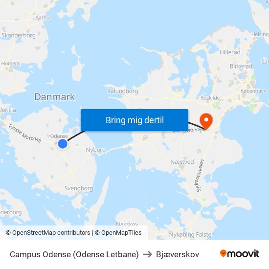 Campus Odense (Odense Letbane) to Bjæverskov map
