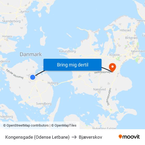 Kongensgade (Odense Letbane) to Bjæverskov map