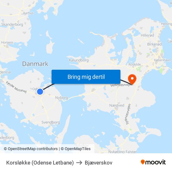 Korsløkke (Odense Letbane) to Bjæverskov map