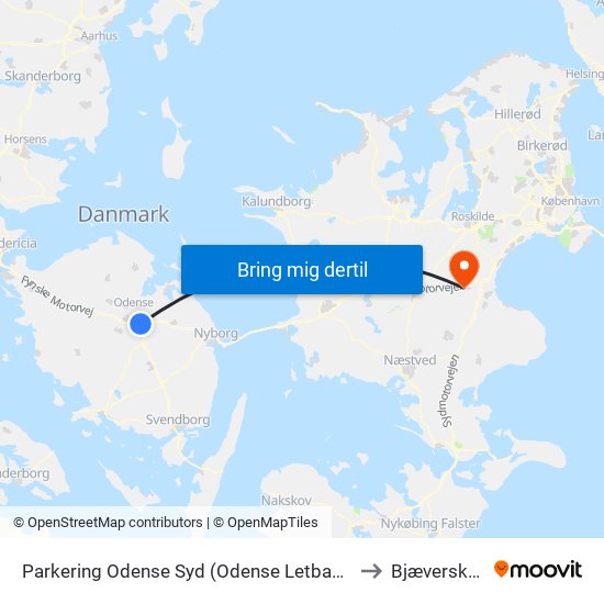 Parkering Odense Syd (Odense Letbane) to Bjæverskov map