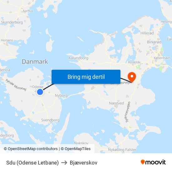 Sdu (Odense Letbane) to Bjæverskov map