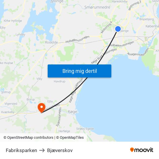 Fabriksparken to Bjæverskov map