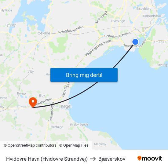 Hvidovre Havn (Hvidovre Strandvej) to Bjæverskov map