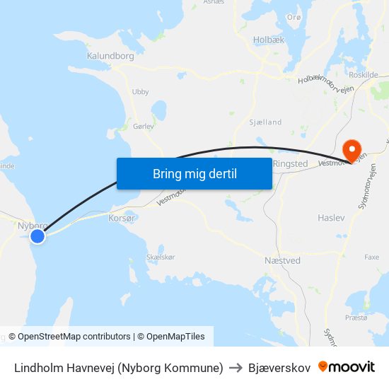 Lindholm Havnevej (Nyborg Kommune) to Bjæverskov map