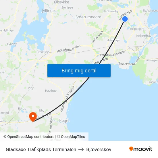 Gladsaxe Trafikplads Terminalen to Bjæverskov map