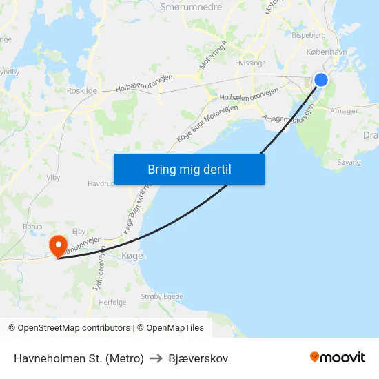 Havneholmen St. (Metro) to Bjæverskov map
