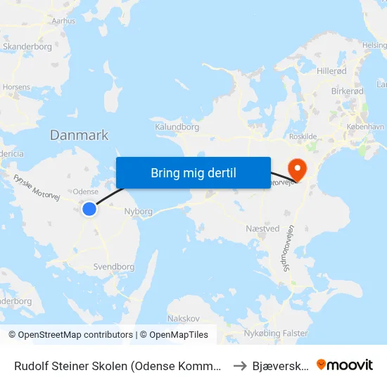 Rudolf Steiner Skolen (Odense Kommune) to Bjæverskov map