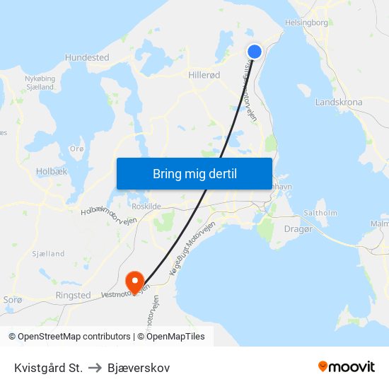Kvistgård St. to Bjæverskov map