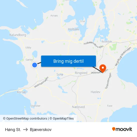Høng St. to Bjæverskov map