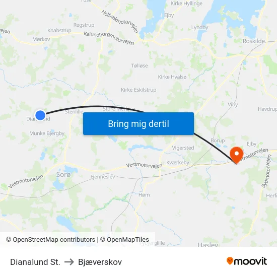 Dianalund St. to Bjæverskov map