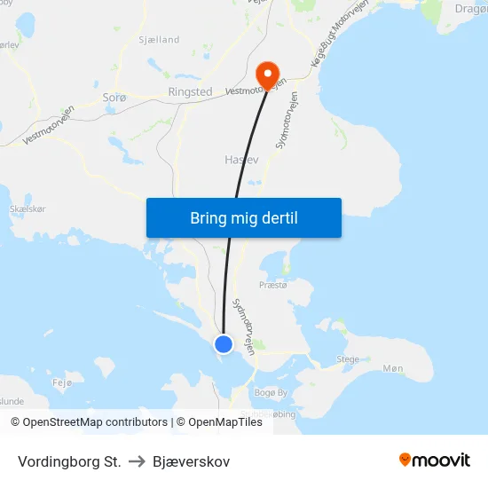Vordingborg St. to Bjæverskov map