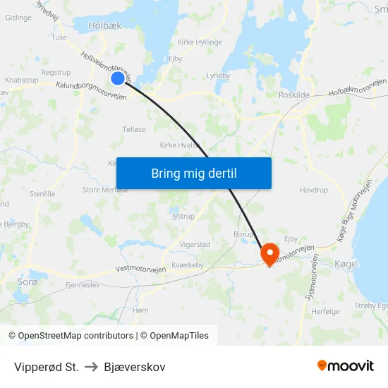Vipperød St. to Bjæverskov map
