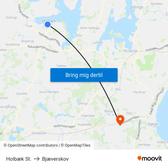 Holbæk St. to Bjæverskov map