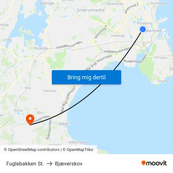 Fuglebakken St. to Bjæverskov map