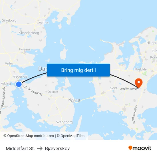 Middelfart St. to Bjæverskov map