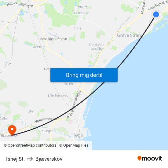 Ishøj St. to Bjæverskov map