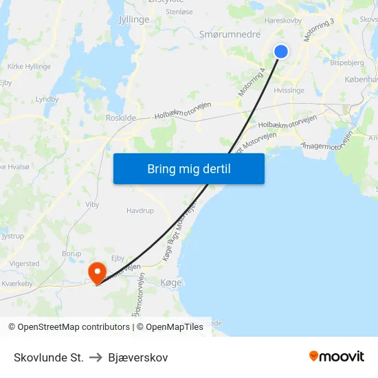 Skovlunde St. to Bjæverskov map