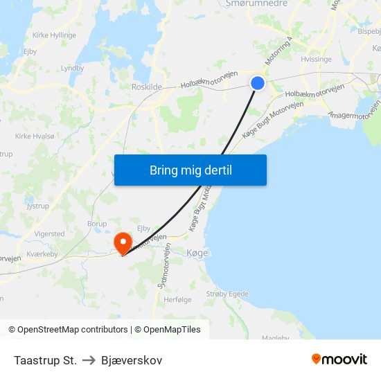 Taastrup St. to Bjæverskov map