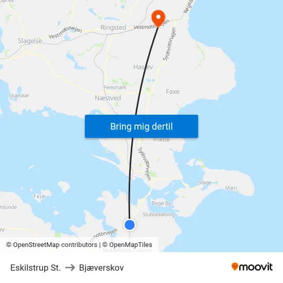 Eskilstrup St. to Bjæverskov map