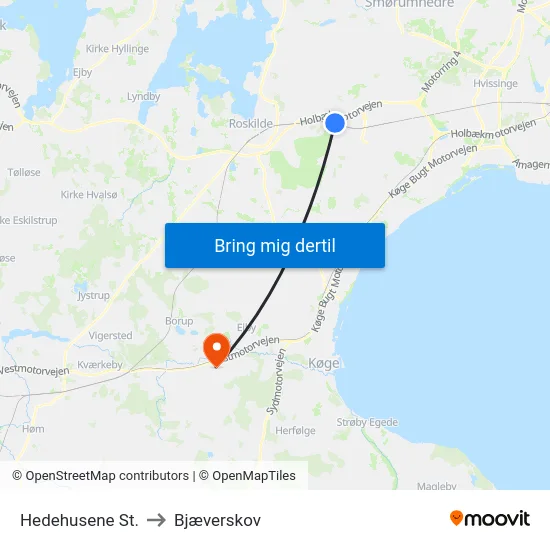 Hedehusene St. to Bjæverskov map
