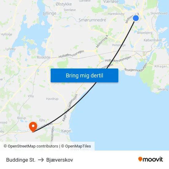 Buddinge St. to Bjæverskov map