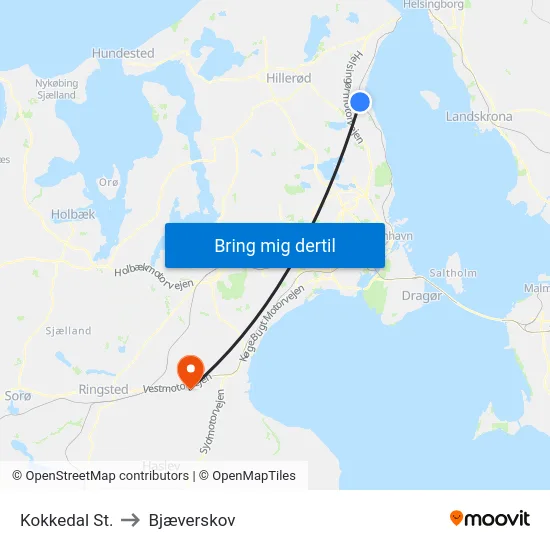 Kokkedal St. to Bjæverskov map