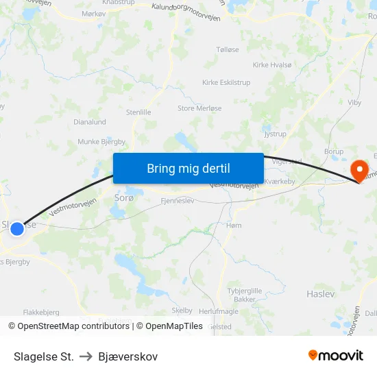 Slagelse St. to Bjæverskov map