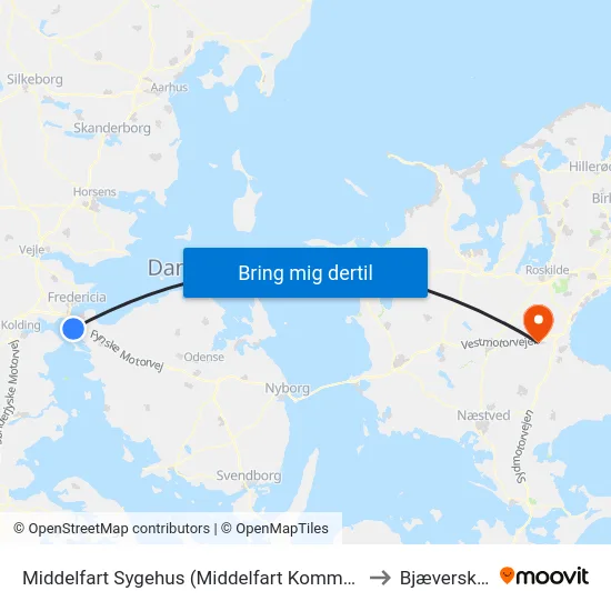 Middelfart Sygehus (Middelfart Kommune) to Bjæverskov map