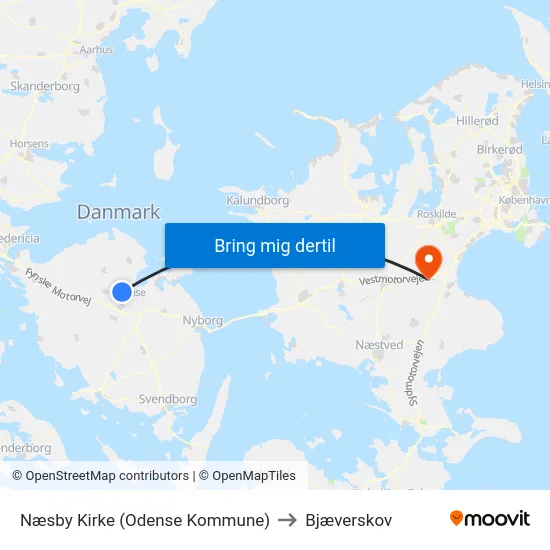 Næsby Kirke (Odense Kommune) to Bjæverskov map