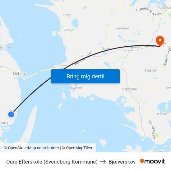 Oure Efterskole (Svendborg Kommune) to Bjæverskov map