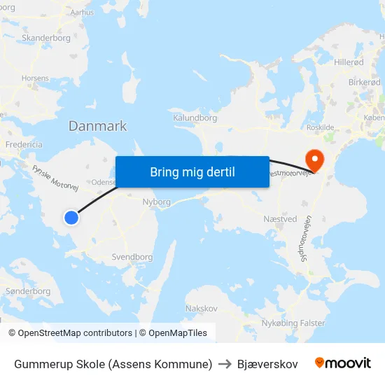 Gummerup Skole (Assens Kommune) to Bjæverskov map