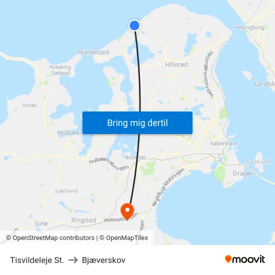 Tisvildeleje St. to Bjæverskov map