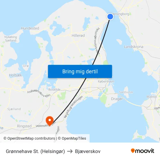 Grønnehave St. (Helsingør) to Bjæverskov map