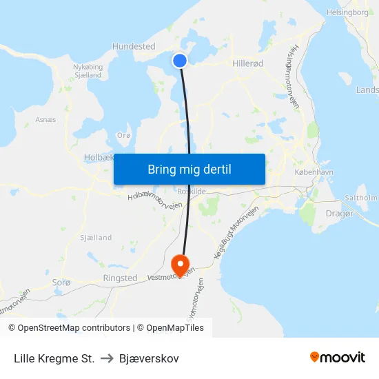 Lille Kregme St. to Bjæverskov map