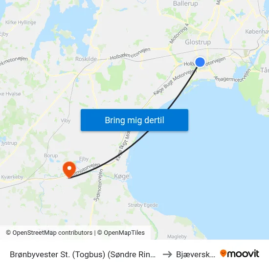 Brønbyvester St. (Togbus) (Søndre Ringvej) to Bjæverskov map