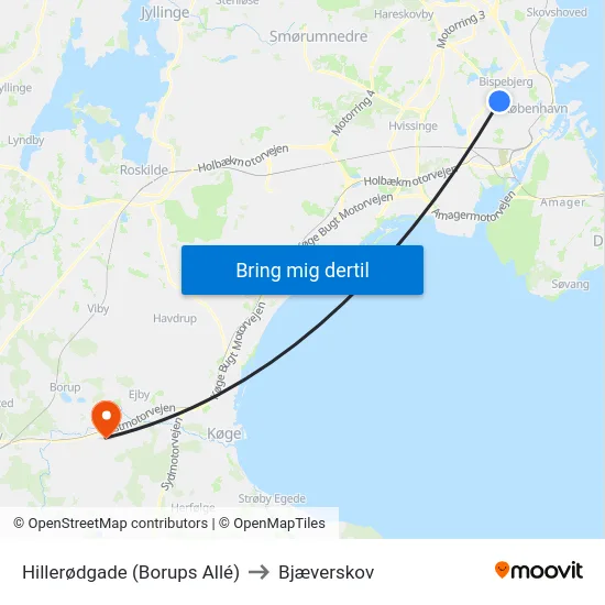 Hillerødgade (Borups Allé) to Bjæverskov map