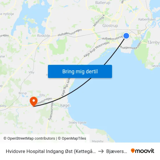 Hvidovre Hospital Indgang Øst (Kettegård Allé) to Bjæverskov map