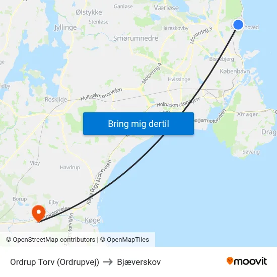 Ordrup Torv (Ordrupvej) to Bjæverskov map