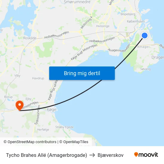 Tycho Brahes Allé (Amagerbrogade) to Bjæverskov map