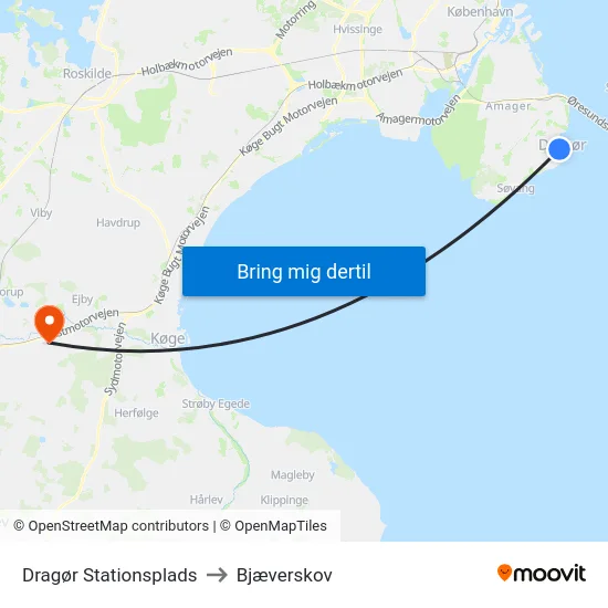 Dragør Stationsplads to Bjæverskov map