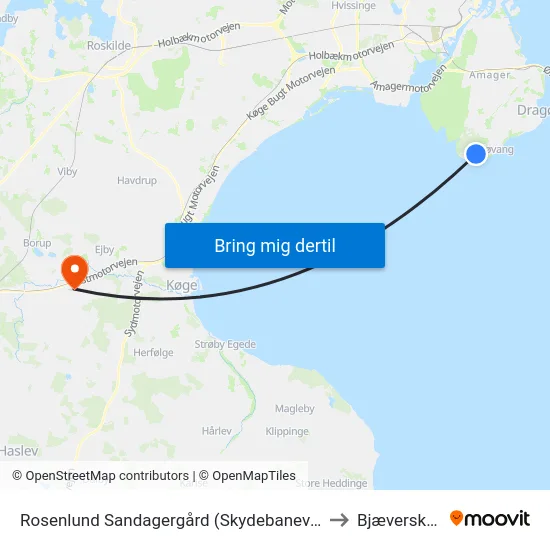 Rosenlund Sandagergård (Skydebanevej) to Bjæverskov map