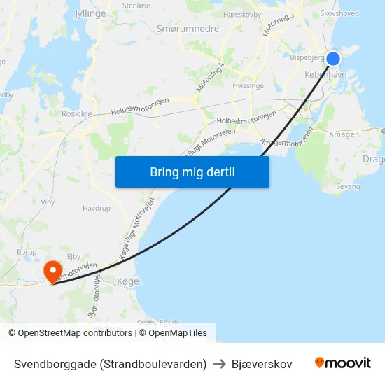 Svendborggade (Strandboulevarden) to Bjæverskov map
