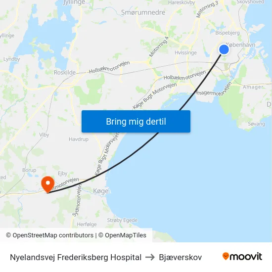 Nyelandsvej Frederiksberg Hospital to Bjæverskov map