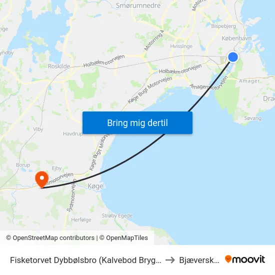 Fisketorvet Dybbølsbro (Kalvebod Brygge) to Bjæverskov map
