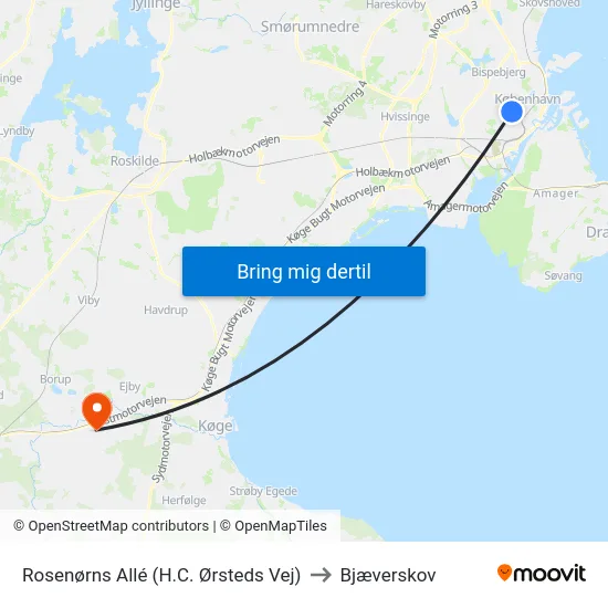 Rosenørns Allé (H.C. Ørsteds Vej) to Bjæverskov map
