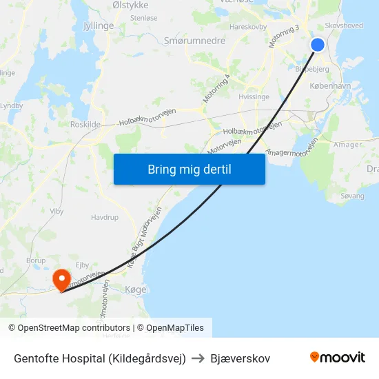 Gentofte Hospital (Kildegårdsvej) to Bjæverskov map