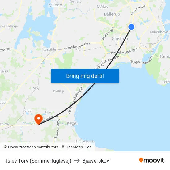 Islev Torv (Sommerfuglevej) to Bjæverskov map