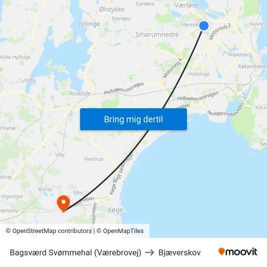 Bagsværd Svømmehal (Værebrovej) to Bjæverskov map