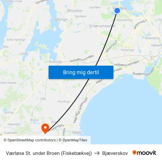 Værløse St. under Broen (Fiskebækvej) to Bjæverskov map
